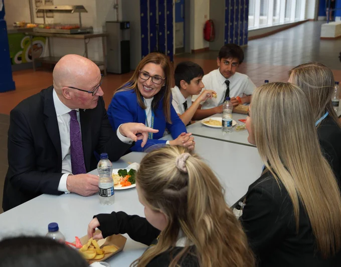 Scotland's First Minister, enjoying a Fuel Zone lunch with pupils and the Head Teacher of Springburn Academy, alongside Glasgow's Convener for Education and Early Years, Councillor Christina Cannon. 
