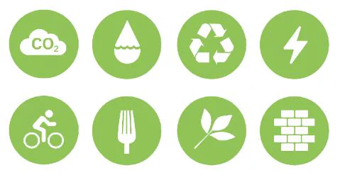 Graphic containing 8 symbols in green circles. The symbols are CO2, a water drop, recycle logo, lightning bolt, cycling, a fork, a leaf and a brick wall.
