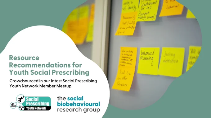 A light teal graphic with a photo of a whiteboard with bright orange and yellow sticky notes on it, as well as a white bubble that reads: "Resource Recommendations for Youth Social Prescribing, crowdsourced in our latest Social Prescribing Youth Network Member Meetup".