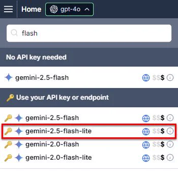 Gemini 2.5 Flash-Lite in the model switcher | GPT for Excel