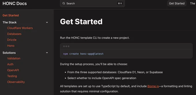 Screenshot of HONC's "Get started".