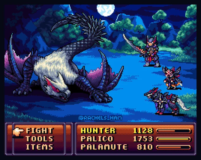 Pixel art mockup of a Monster Hunter fight with Lucent Nargacuga in the style of retro RPG games.
