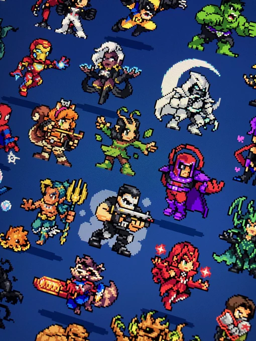 Pixel art of a selection of Marvel Rivals characters drawn in Neo Geo Pocket style
