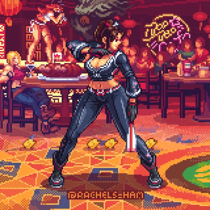 Pixel art of Mai from Fatal Fury in the style of retro Capcom fighting games.
