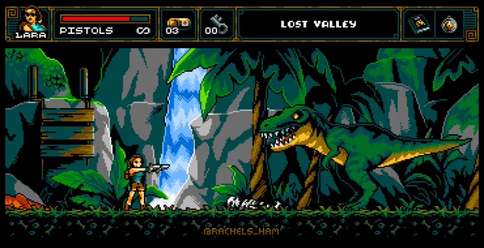 Pixel art mockup of the Lost Valley level from Tomb Raider 1.