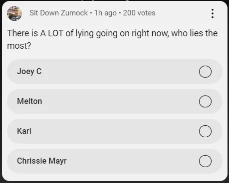 Poll question: There is a lot of lyying going on right now, who lies the most? Joey C, Melton, Karl, Chrissie Mayr with the missing answer being the Z-Man again