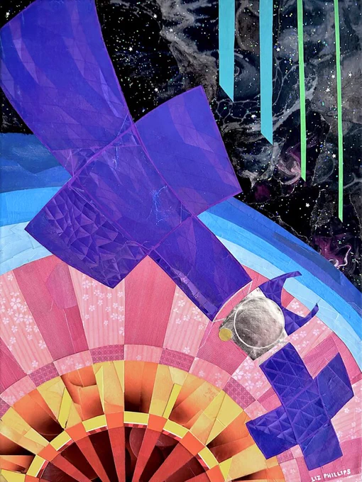 A colorful paper collage made of sharp geometric shapes and smooth curves. The Psyche spacecraft has large purple solar panels stretching diagonally across the canvas. The background features a pattern of pink and orange concentric circles surrounded by black space and glittery stars. Credit: NASA/JPL-Caltech/ASU/Liz Phillips - Psyche Inspired