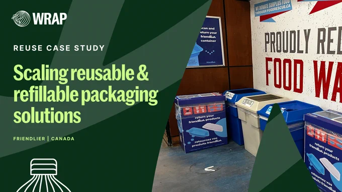 Image for the WRAP Reuse Case Study from Friendlier on reusable and refillable packaging solutions, featuring several blue bins and informational signs in a semi-indoor setting.