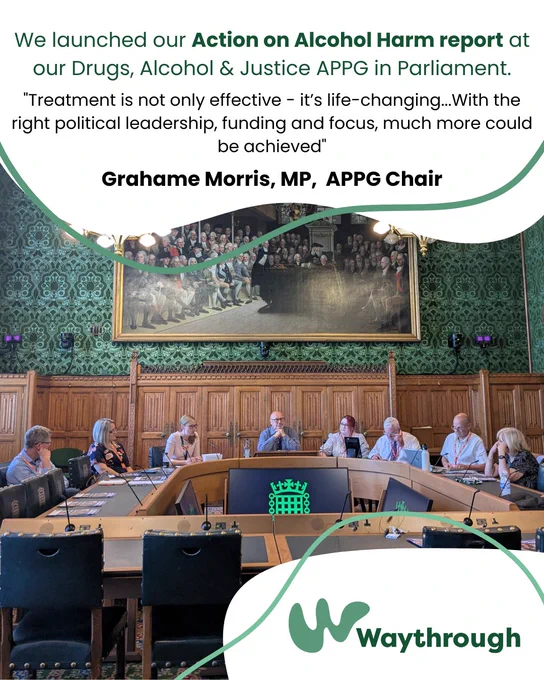 A group of individuals seated at a long table in a formal meeting room in parliment with green benches, attending a presentation involving the Action on Alcohol Harm report by Waythrough. A quote by Grahame Morris, MP and APPG Chair, is displayed about the impact of political leadership on drug and alcohol justice.