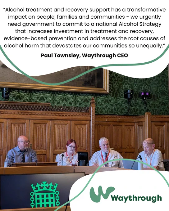 Three people sitting at a panel with microphones in a room in parliment, featuring the Waythrough logo and a quote about alcohol treatment and recovery by Paul Townsley, Waythrough CEO.