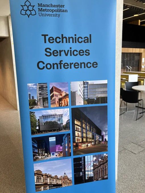 Pull up banner reading ‘Technical Services Conference’ featuring different pictures from across campus