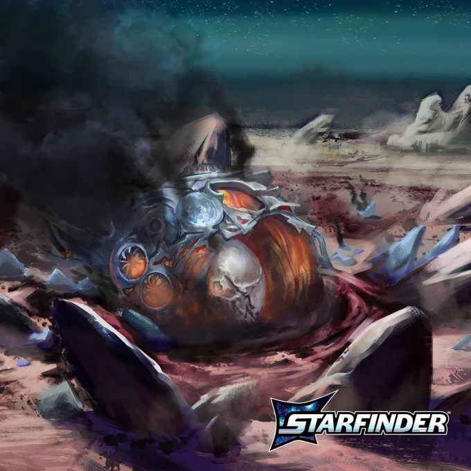 A crash landed space ship releases smoke from still burning flames on an alien landscape. In the bottom right corner of the image is the "Starfinder" Second Edition logo. 
