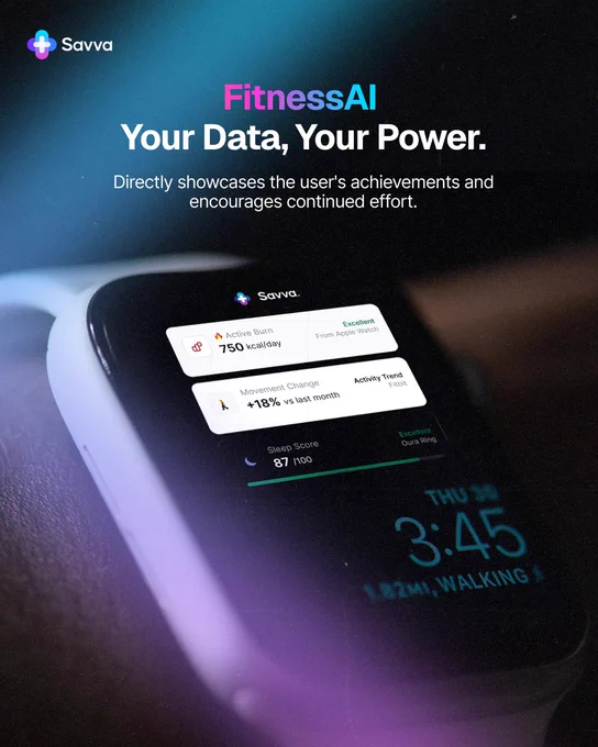 Smartwatch screen showing fitness stats like active burn and movement change, alongside a Fitness AI app interface translating the data into easy-to-understand language.
