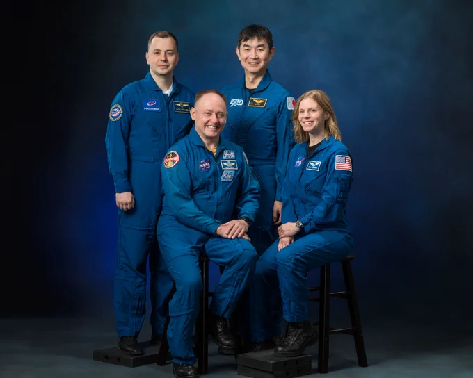 The official portrait of the four members of NASA's SpaceX Crew-11 mission to the International Space Station. From left, are Roscosmos cosmonaut and Mission Specialist Oleg Platonov; NASA astronaut and Pilot Mike Fincke; JAXA (Japan Aerospace Exploration Agency) astronaut and Mission Specialist Kimiya Yui; and NASA astronaut and Commander Zena Cardman. Credit: NASA/Robert Markowitz
