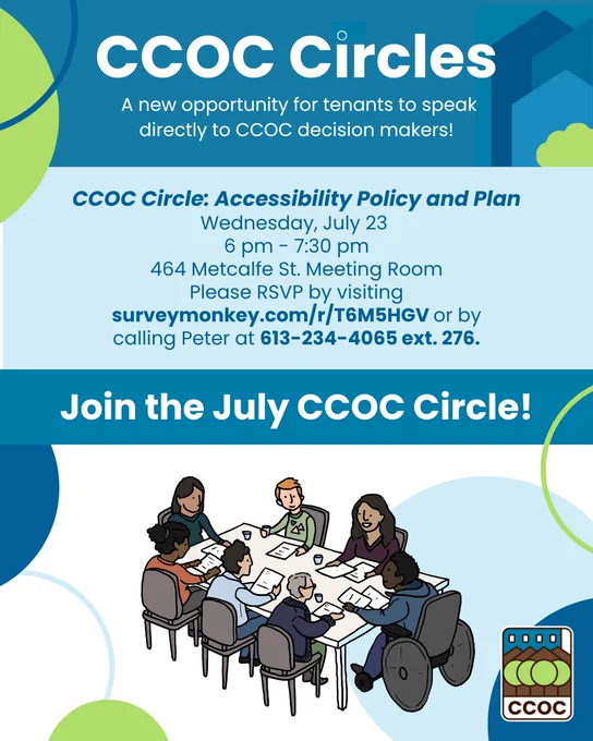 A blue and green poster with circular elements. Text reads: "CCOC Circles. A new opportunity for tenants to speak directly to CCOC decision makers! CCOC Circle: Accessibility Policy and Plan. Wednesday, July 23, 6 pm - 7:30 pm. 464 Metcalfe St. Meeting Room. Please RSVP by visiting surveymonkey.com/r/T6M5HGV or by calling Peter at 613-234-4065 ext. 276. Join the July CCOC Circle!" Illustrated image of seven people seated around a table having a meeting. 