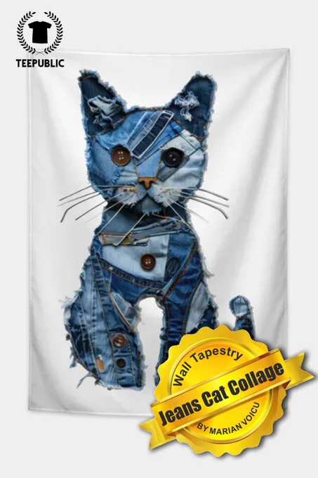Digital collage of a cat composed from pieces of blue denim, with patchwork textures and playful expression, ideal for quirky fashion lovers.