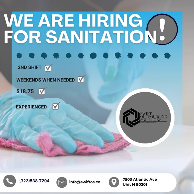 We are hiring for Sanitation, feel free to contact us if you have any questions!

#ApplyNow #jobagency #swiftoutsourcingsolutions #fulltimejobs #weekendsneeded #sanitation #WarehouseJobs #secondshift
