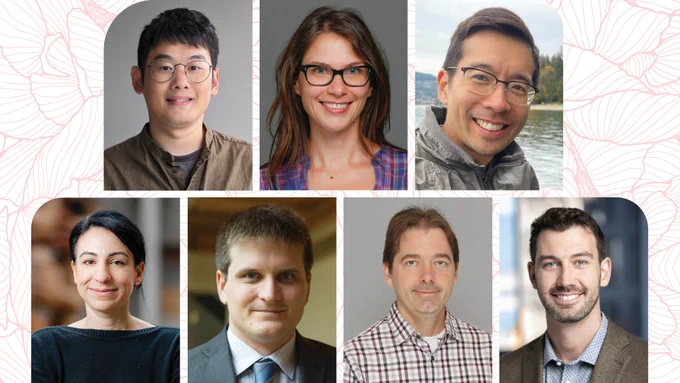IMAGE: Profile photos of FASS researchers receiving SSHRC Insight Development Grants. Left to right: Chenyu (Sev) Hou, Helene Love, Henny Yeung, Lara Aknin, Michael Gilraine, Richard Frank, and William Scott. 