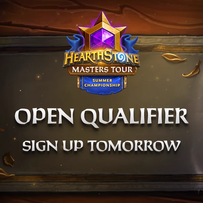 Promotional graphic for the Hearthstone Masters Tour Summer Championship, announcing that Open Qualifier sign-ups begin tomorrow.