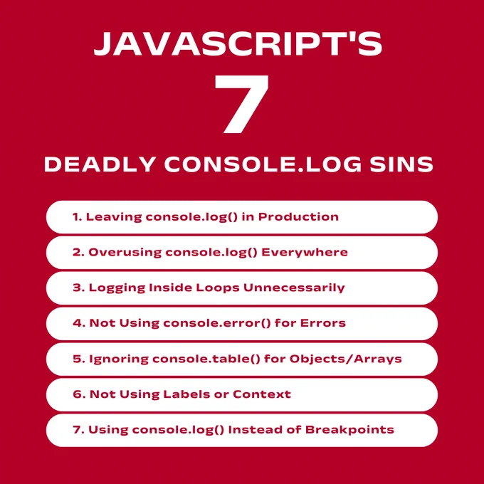 This infographic by PC Doctors NET highlights the 7 most common mistakes developers make with console.log() in JavaScript—from leaving logs in production to ignoring better tools like console.table() and breakpoints. Learn how to debug smarter and write cleaner code. Visit pcdoctorsnet.com or call  1 (346) 355-6002 for expert JavaScript development and code audits.