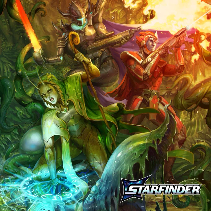 Three members of factions from Starfinder Galaxy Guide engage in a space brawl. In the bottom right corner of the image is the "Starfinder" Second Edition logo. 