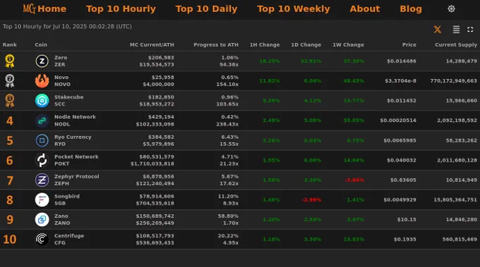 Top 10 Hourly Market Cap Gainers - Jul 10, 2025 00:02