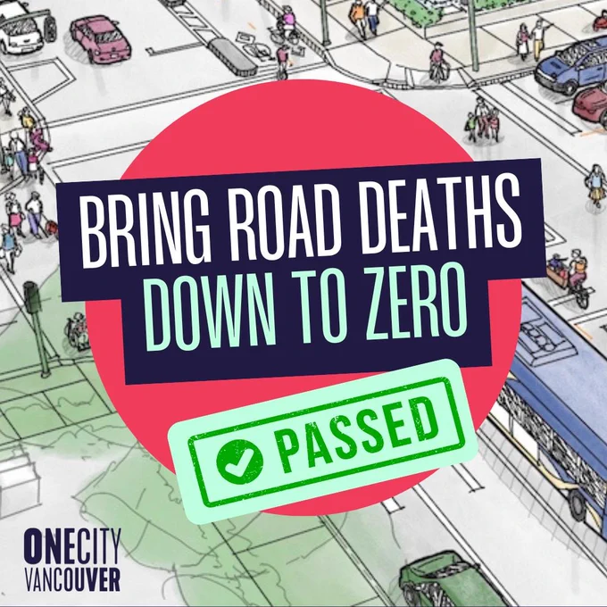 An illustration of a complete street with the caption, 'BRING ROAD DEATHS DOWN TO ZERO' and the word PASSED