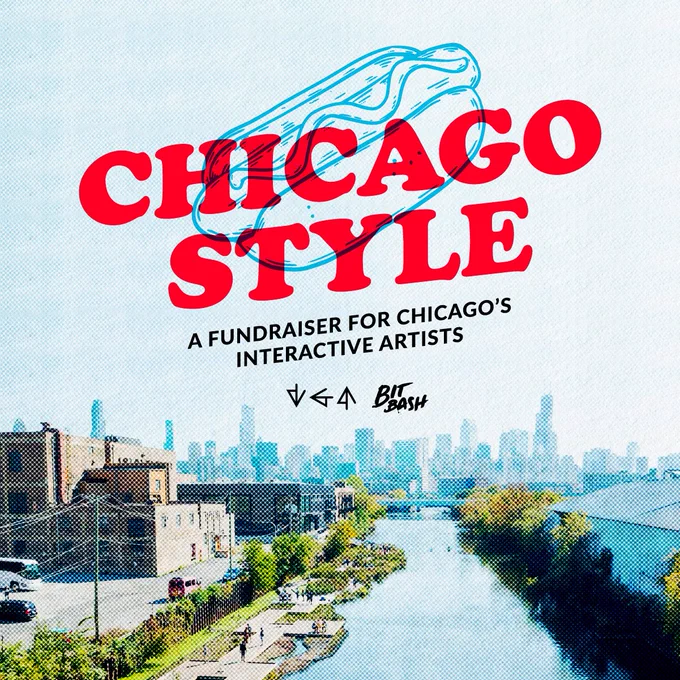 Picture of the Chicago River with the skyline in the background. A blue cartoon outline of a hot dog is superimposed over the sky. In large red font are the words "Chicago Style". Below that in smaller font reads: "A Fundraiser for Chicago's Interactive Artists". The VGA and Bit Bash logos appear below the text.