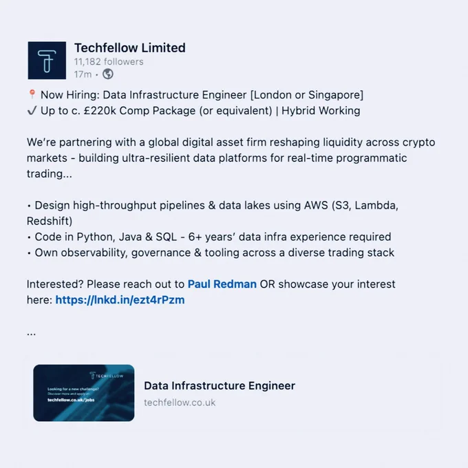 Job graphic for a Data Infrastructure Engineer role in London or Singapore. Sleek, tech-themed design with bold text showing hybrid working and up to £220k comp. Key tools include AWS (S3, Lambda, Redshift), Python, Java & SQL. “6  years’ experience” handwritten for emphasis.