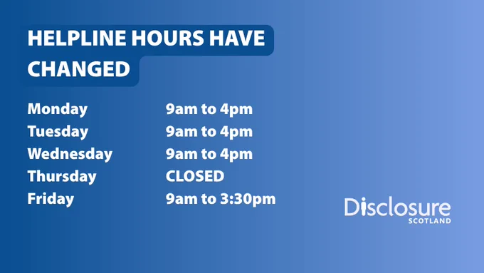 From Thursday 10 July 2025, our helpline is operating on reduced hours. 

Monday to Wednesday - 9am to 4pm
Friday - 9am to 3:30pm
Closed on Thursdays