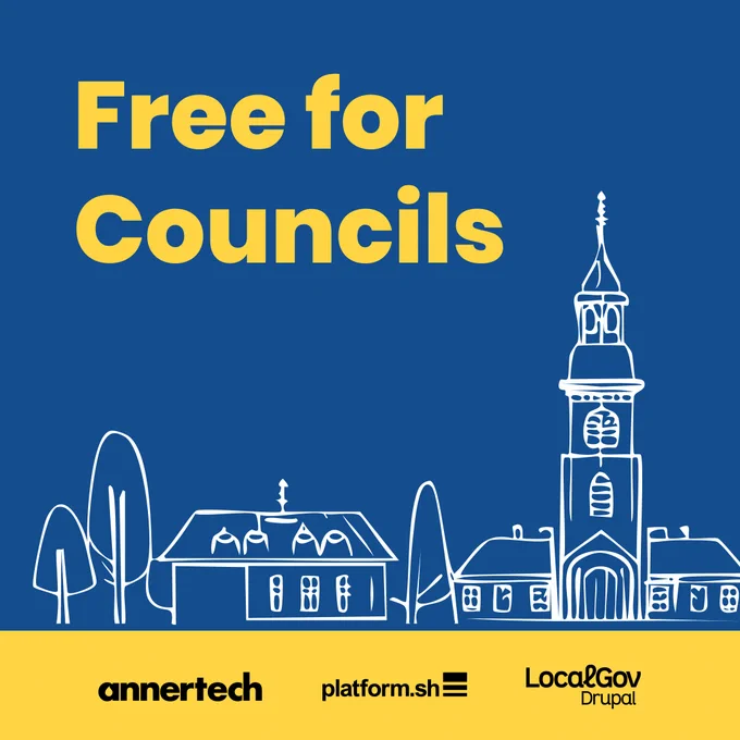 A town setting is sketched in white on to a blue background. The text “free for councils“ is in yellow. At the bottom are 3 logos in black on a yellow background: Annertech, Platform.sh and LocalGov Drupal