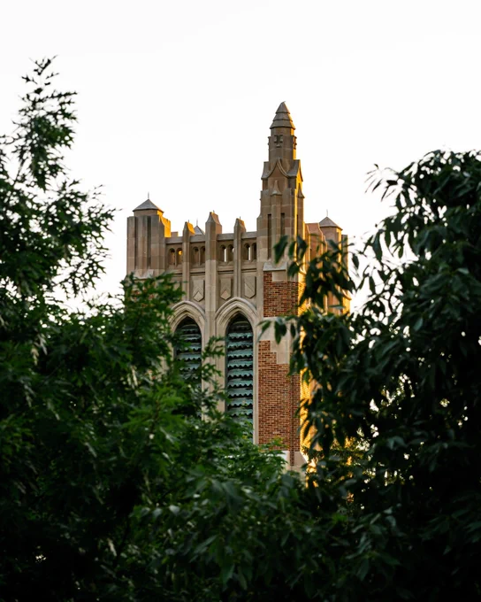 A close up view of a gothic-style university tower surrounded by green trees and leaves. 