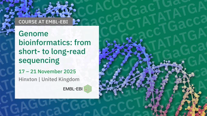 Course at EMBL-EBI. Genome bioinformatics: from short- to long-read sequencing. 17 - 21 November 2025. Hinxton, UK. EMBL's European Bioinformatics Institute logo.