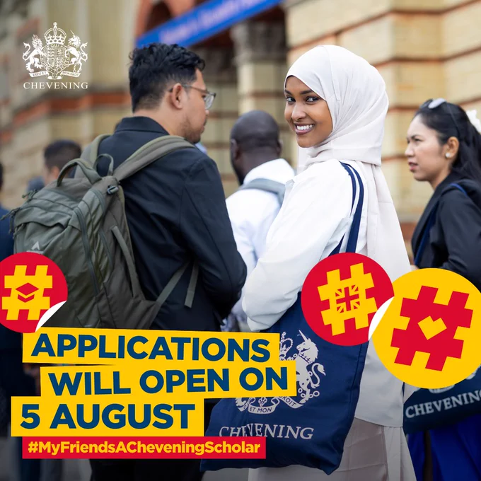 Scholar carrying a blue Chevening tote bag looks back at the camera during a Chevening event. Text on screen reads: 'applications will open on 5 August #MyFriendsACheveningScholar'.