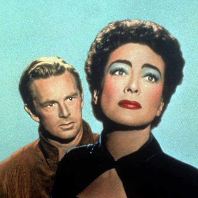 Still from JOHNNY GUITAR. A woman in dramatic makeup looks into the distance. A man stands behind and stares at her intently.