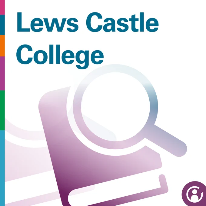 Text says: Lews Castle College. Image: An illustration of a magnifying glass on top of a closed book.