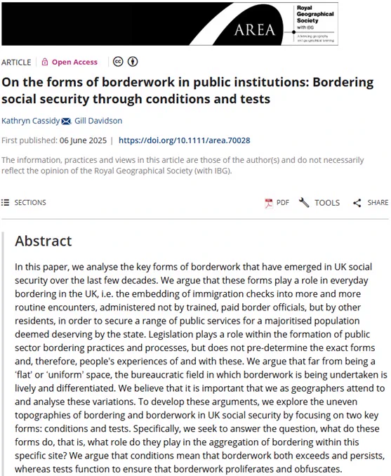Screenshot of the title and abstract for article 'On the forms of borderwork in public institutions: Bordering social security through conditions and tests' by Kathryn Cassidy and Gill Davidson in Area.

