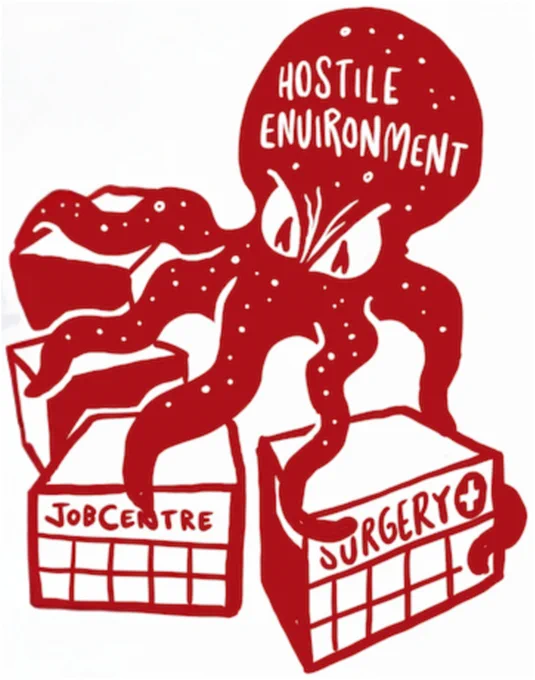 Image of a red octopus labeled 'Hostile Environment' gripping buildings marked 'Jobcentre' and 'Surgery'.