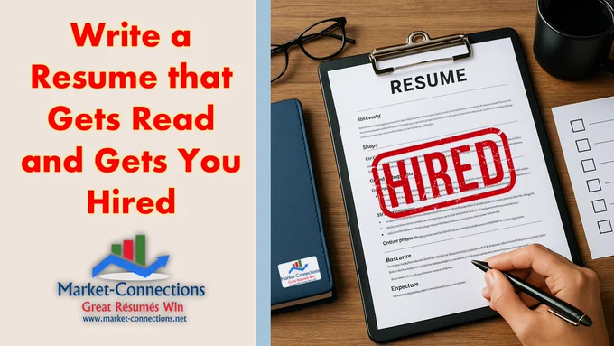 A graphic split vertically. The left side has red text that reads "Write a Resume that Gets Read and Gets You Hired" and a "Market-Connections" logo. The right side shows a hand holding a pen over a resume with a red "HIRED" stamp, next to glasses, a notebook, and a checklist on a wooden surface.