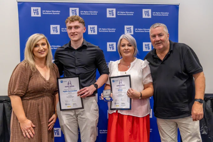 Queen's technician staff and Technician Commitment Manager, Gillian Riddell, smiling and holding their awards at the UK Higher Education Technicians Summit (HETS) on 9 July 2025.
