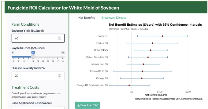 Screenshot of the Fungicide ROI Calculator for White Mold of Soybean web tool. 
