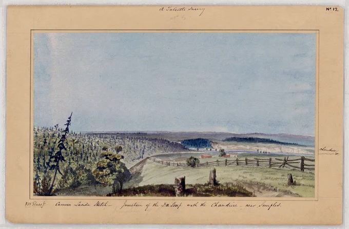 A colored drawing of a landscape showing green hills, trees, and a wooden fence.