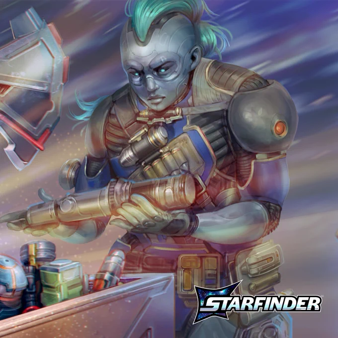 Iseph, the Starfinder iconic android operative, inspects a crate of gear with a thoughtful expression. In the bottom right corner of the image is the "Starfinder" Second Edition logo. 