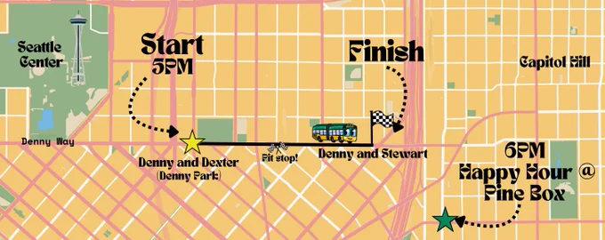 A map of central Seattle. Denny Park is highlighted as the start of the race, Denny/Stewart as the end, and Pine Box on Pine and Melrose as the post-race happy hour