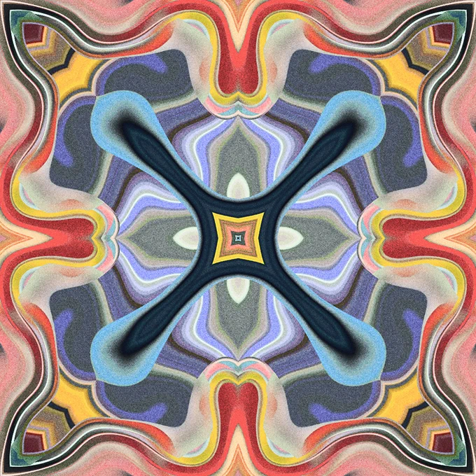 Colorful, symmetrical abstract pattern featuring bold shapes and intricate designs, with a star-like center.