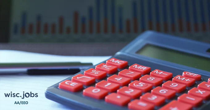 Image:  notepad, pen, and a calculator; Wisc.Jobs AA/EEO