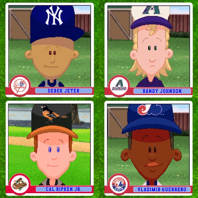 Four player cards of Backyard Baseball '01 characters, featuring Derek Jeter, Randy Johnson, Cal Ripken Jr. and Vladimir Guerrero.