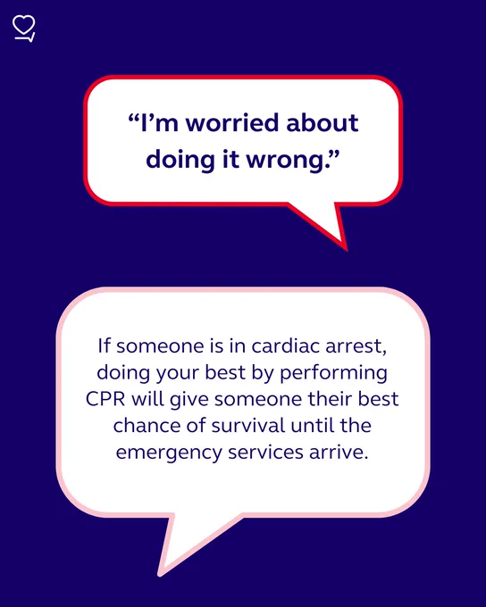 An informational graphic featuring two speech bubbles. The top bubble says, "I'm worried about doing it wrong." The bottom section explains that performing CPR on someone in cardiac arrest can significantly increase their survival chances until emergency services arrive. The background of the image is in shades of purple, and there is a heart symbol at the top.