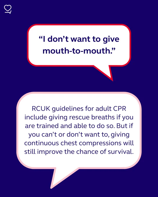 Graphic featuring two speech bubbles. The top bubble says, "I don't want to give mouth-to-mouth." The bottom bubble provides information on RCUK guidelines for adult CPR, noting that if you are unwilling or unable to give rescue breaths, performing chest compressions only will still improve the chance of survival.
