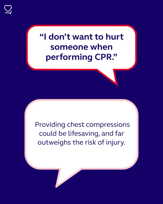 Graphic discussing CPR concerns, featuring a quote bubble saying "I don't want to hurt someone when performing CPR," with a response below emphasising that CPR is lifesaving and the benefits far outweigh the risk of injury. 